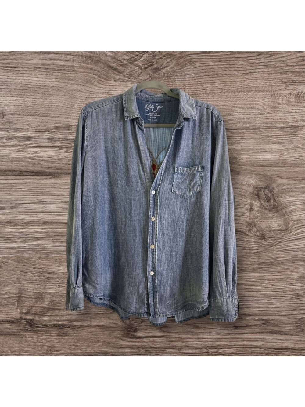 Kyla Seo Embroidered Butterfly Denim Button-Down Shirt Boho Artsy Hippie XL